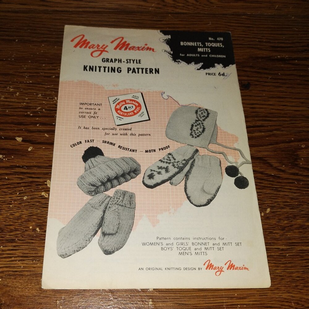 Mary Maxim Vintage Graph-Style Knitting Pattern No.470 Bonnets, Toques & Mitts